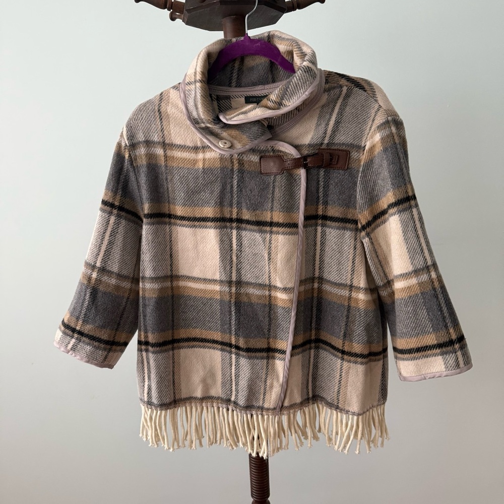 NWOT For Cynthia Plaid Fringe Jacket Coat L 3/4 Sleeve Buckle Snap Button Sz L - Picture 3 of 11